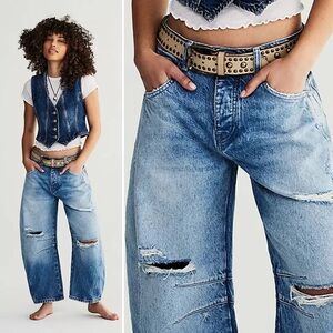 Free People Good Luck Barrel Jeans Mid Rise Distressed Blue Denim Bohemian 29